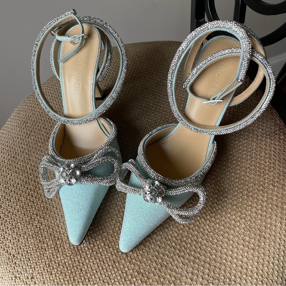 Mach & Mach double crystal bow shimmer ankle strap heels - Picture 10 of 17